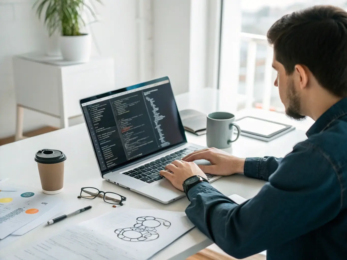 A developer writing code on a computer, with lines of code and website elements visible on the screen, illustrating the process of building a functional website.